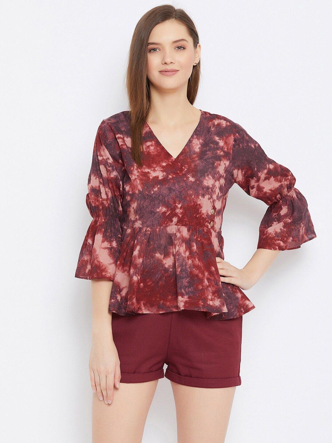 bitterlime women maroon & brown dyed top with shorts