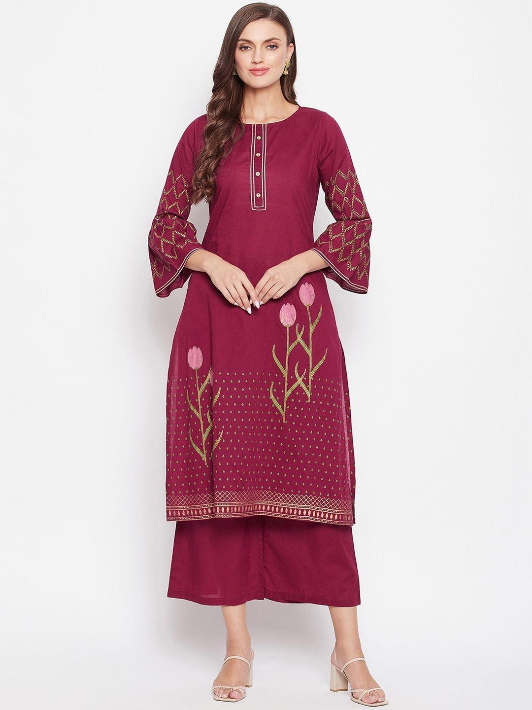 bitterlime women maroon ethnic motifs block printed pure cotton kurta with palazzos