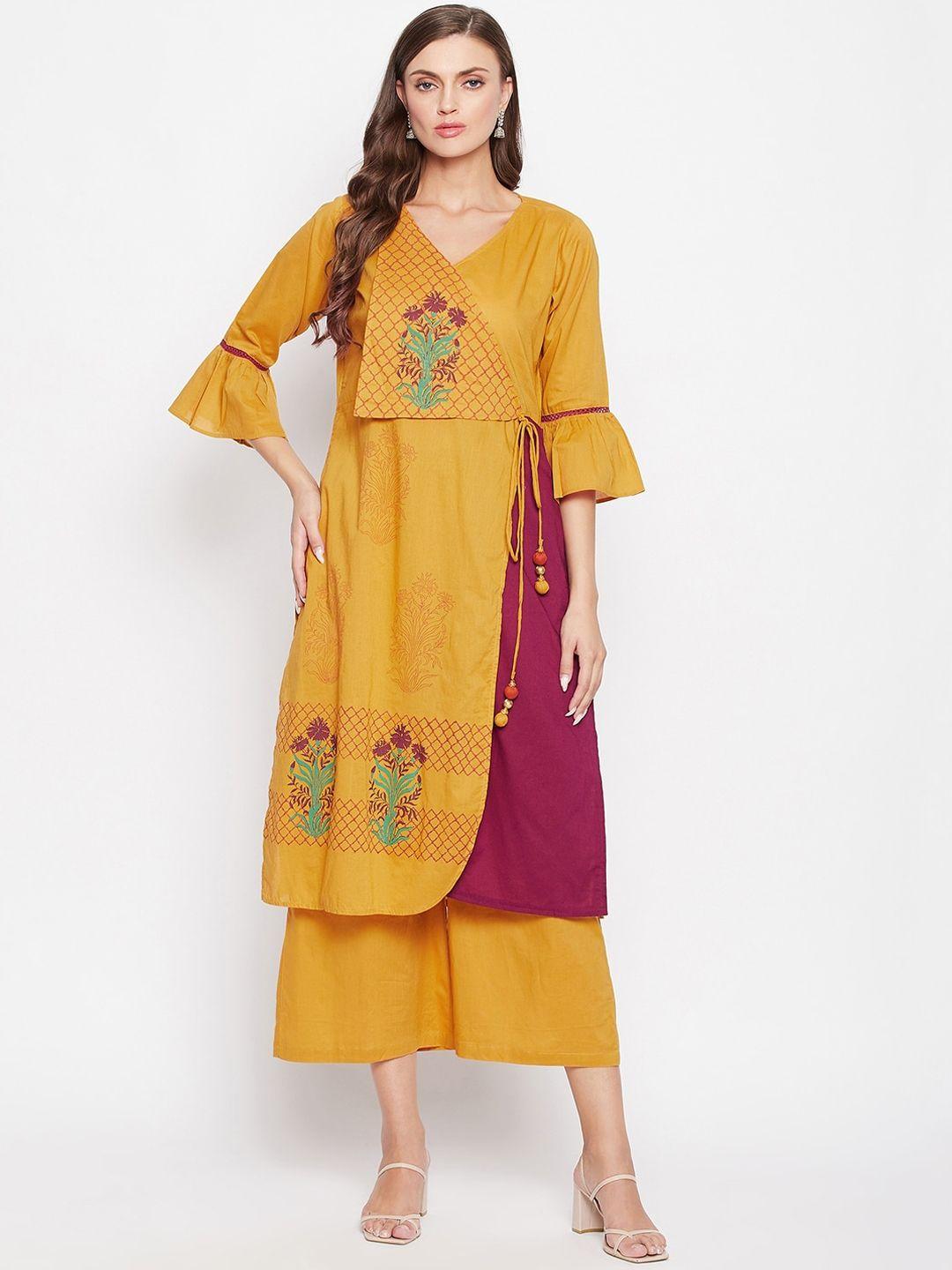 bitterlime women mustard yellow ethnic motifs printed angrakha pure cotton kurta with palazzos