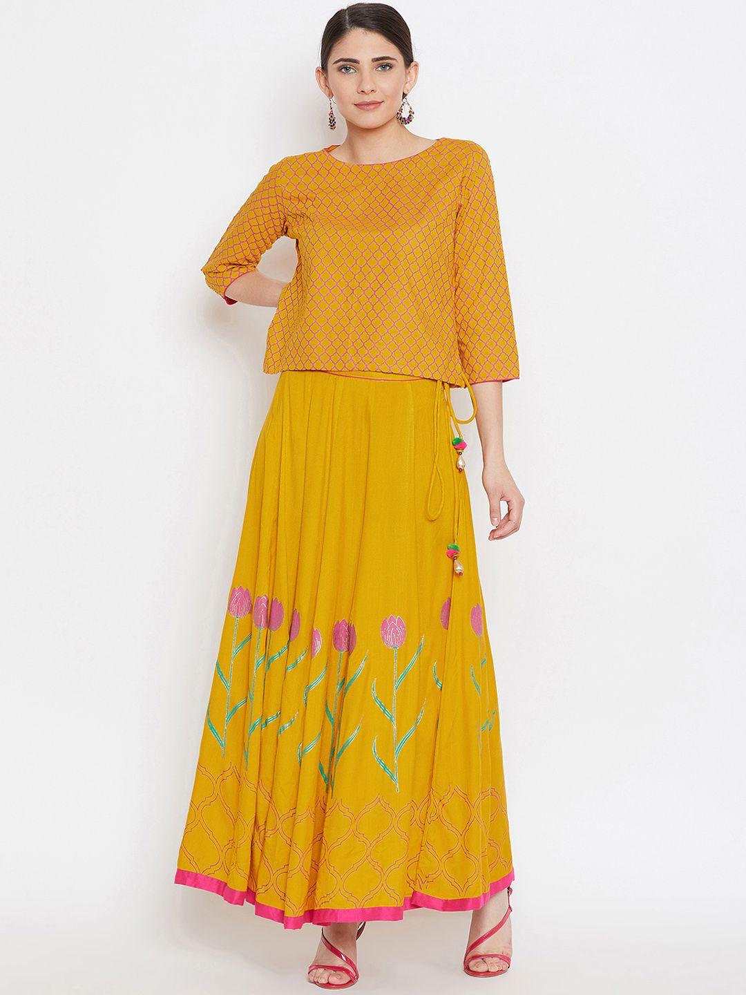 bitterlime women mustard yellow printed top with skirt