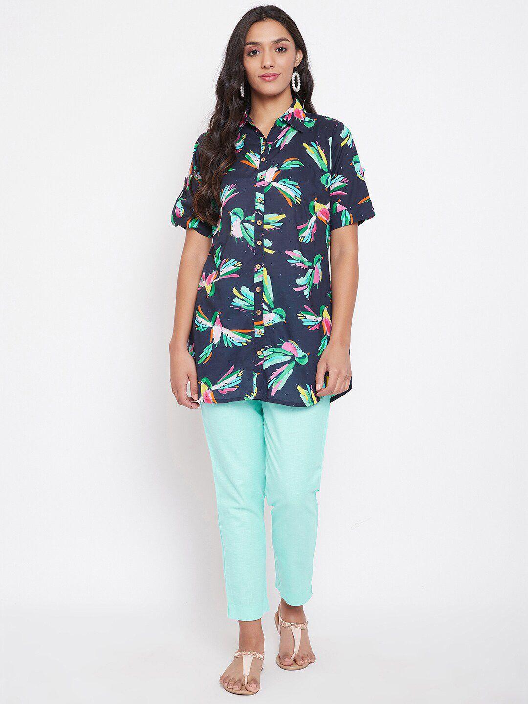 bitterlime women navy blue & sea green printed shirt with trousers