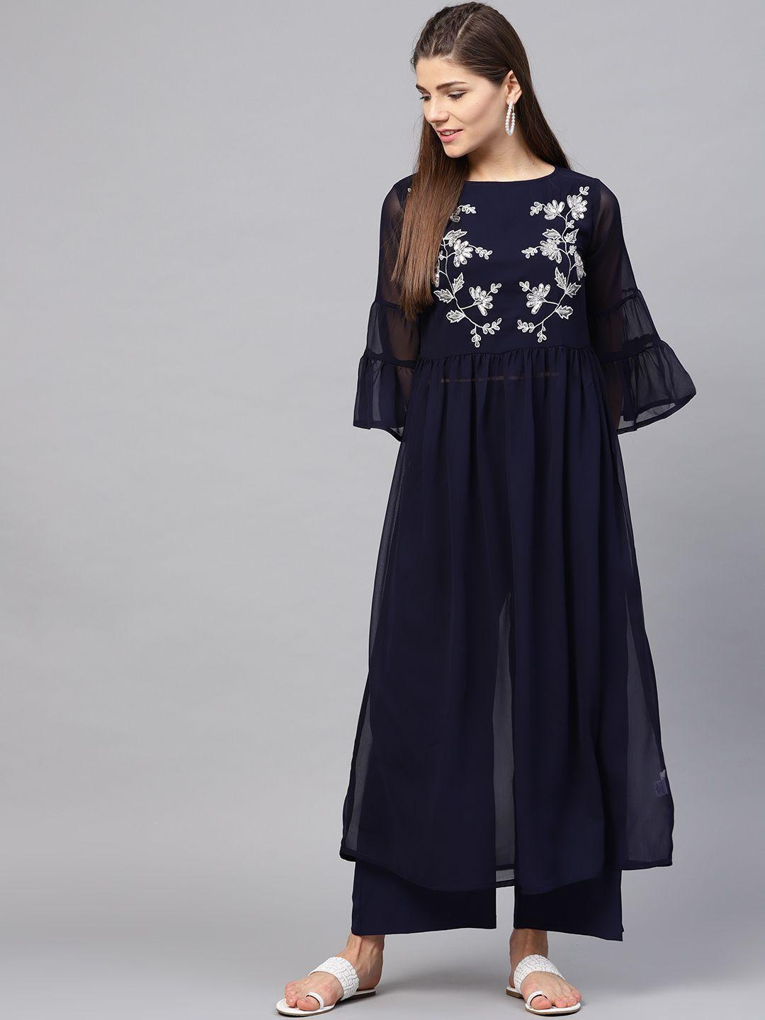 bitterlime women navy blue embroidered kurta with palazzos