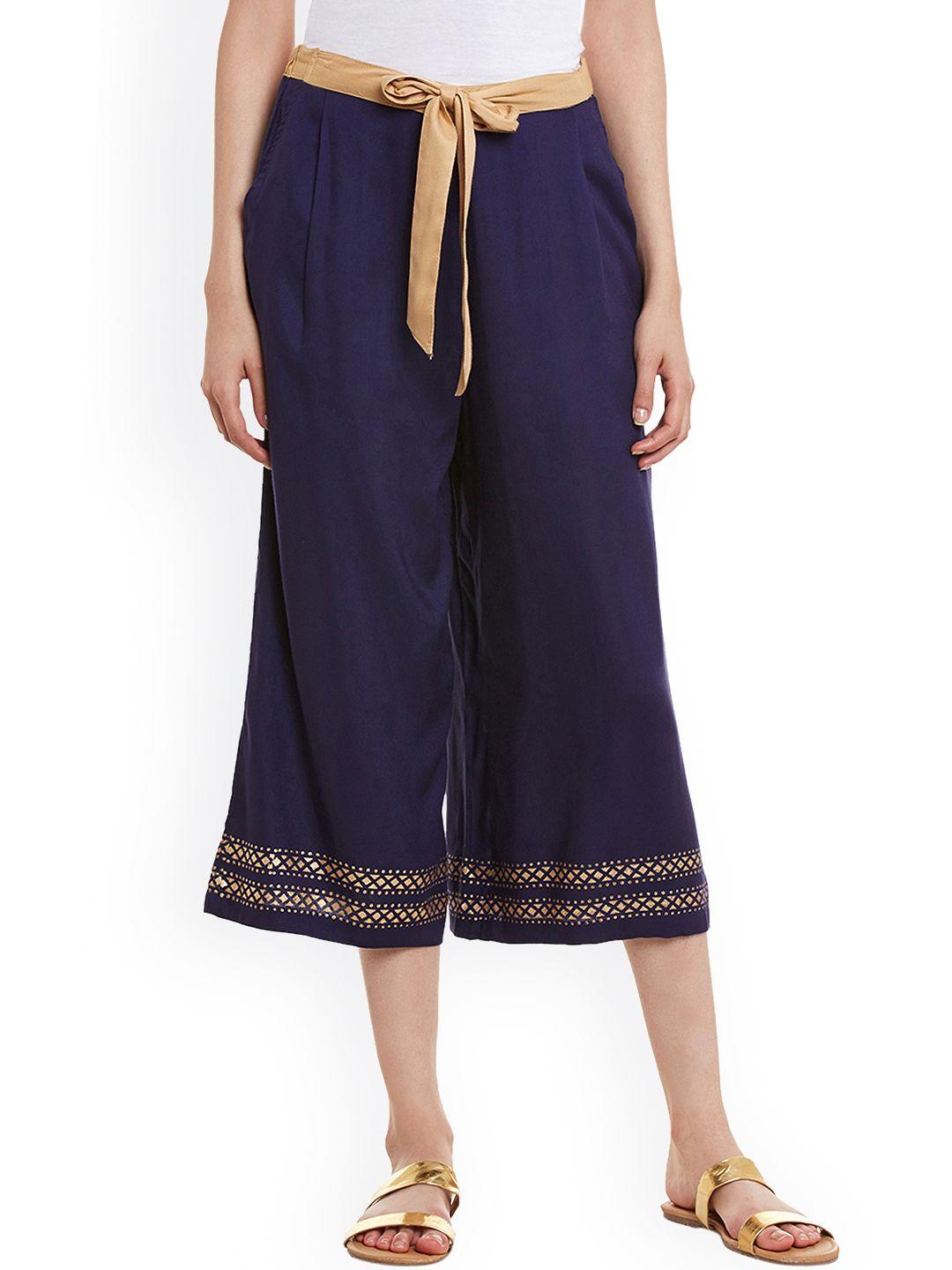 bitterlime women navy blue solid culottes