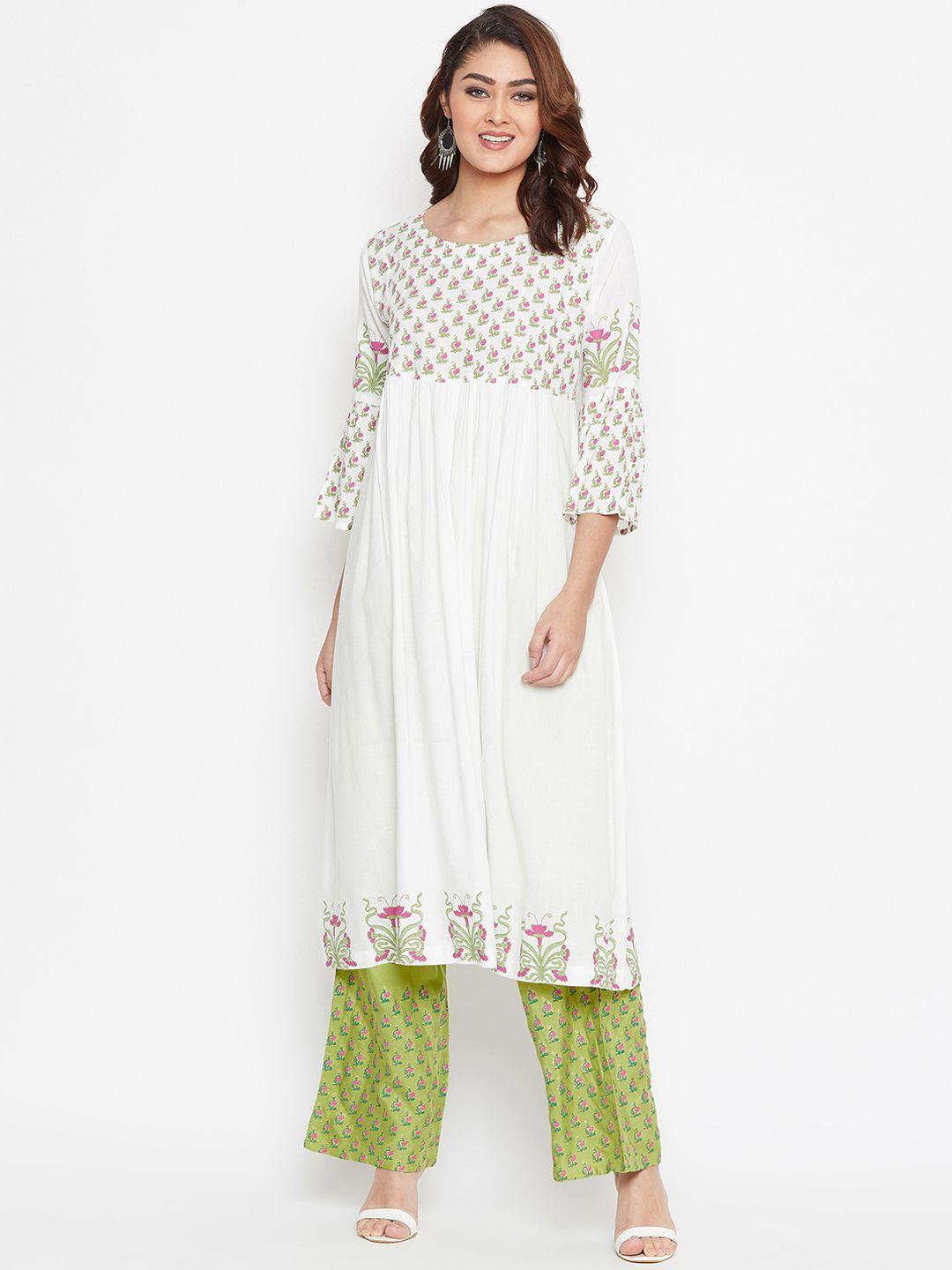 bitterlime women off-white & lime green printed kurta with palazzos