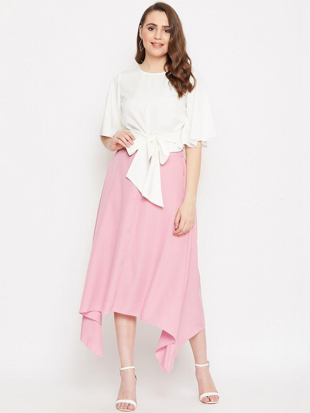 bitterlime women off-white & pink solid top with skirt