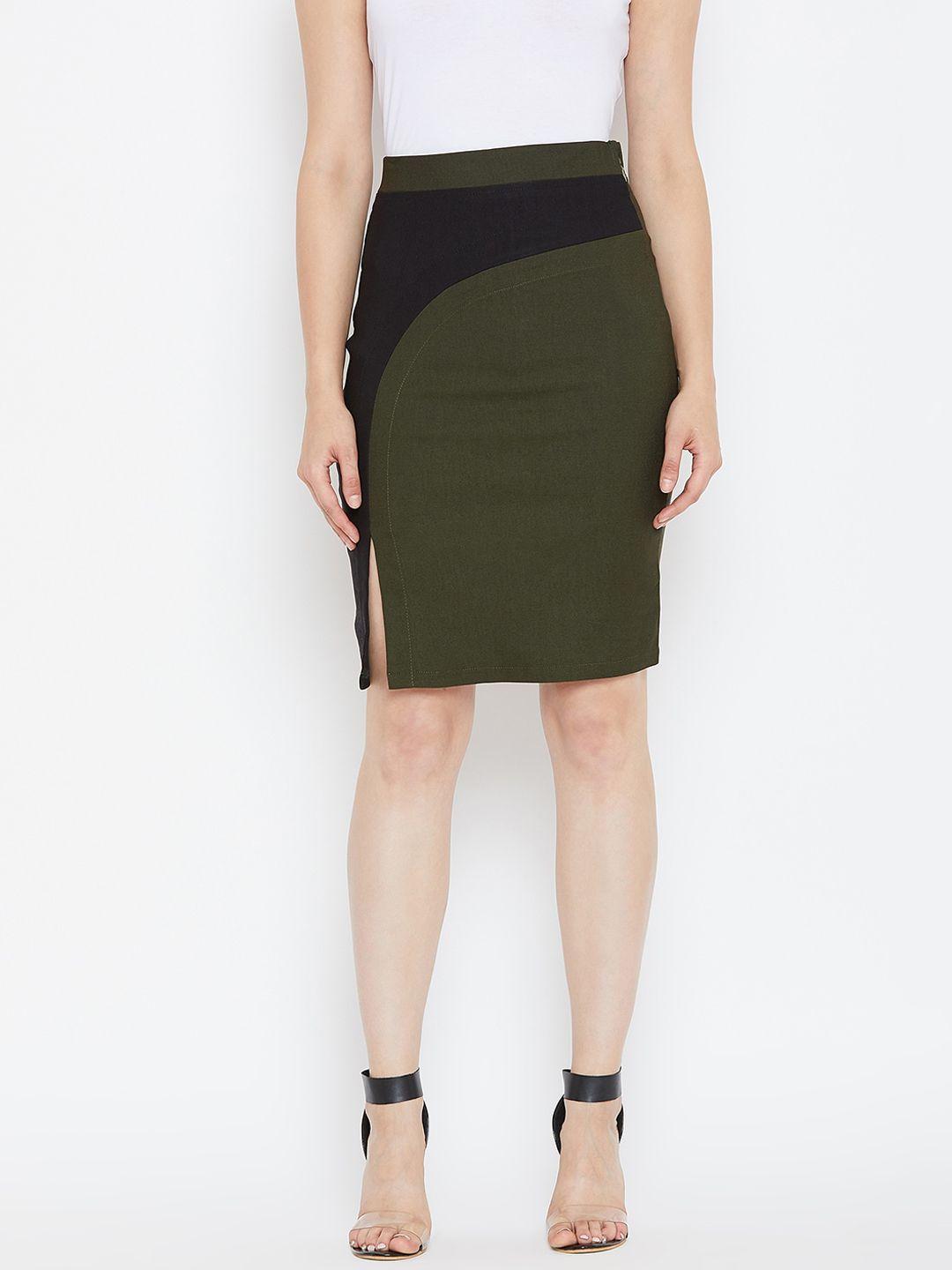 bitterlime women olive green & black colourblocked pencil skirts