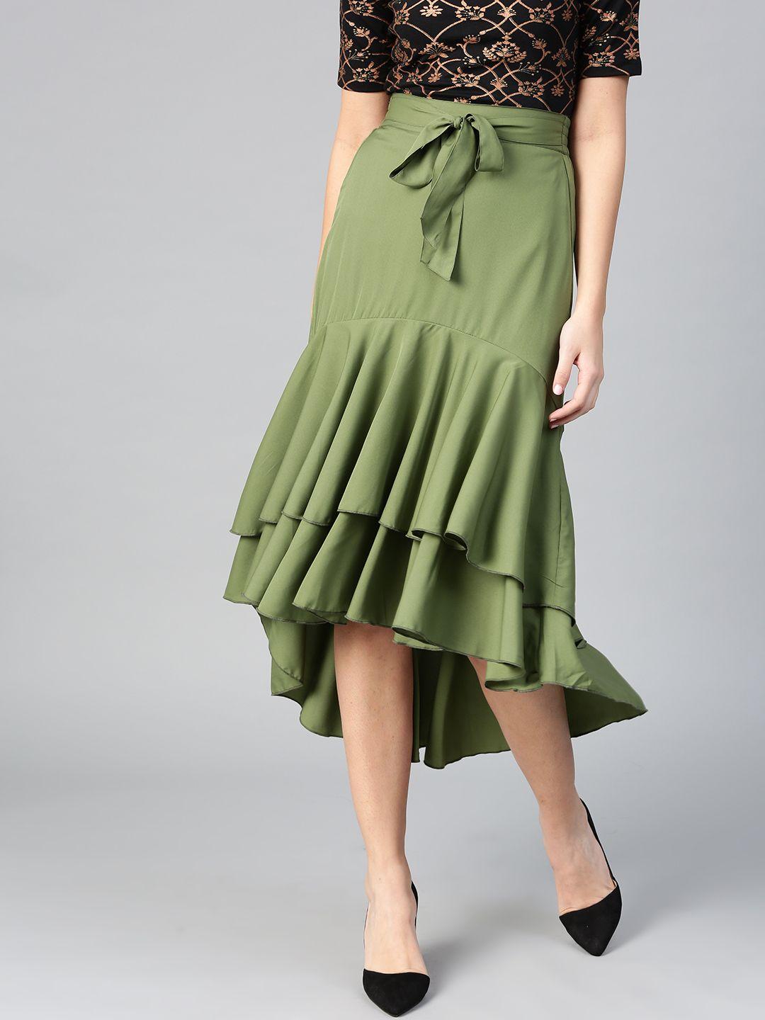 bitterlime women olive green ruffled layered a-line skirt