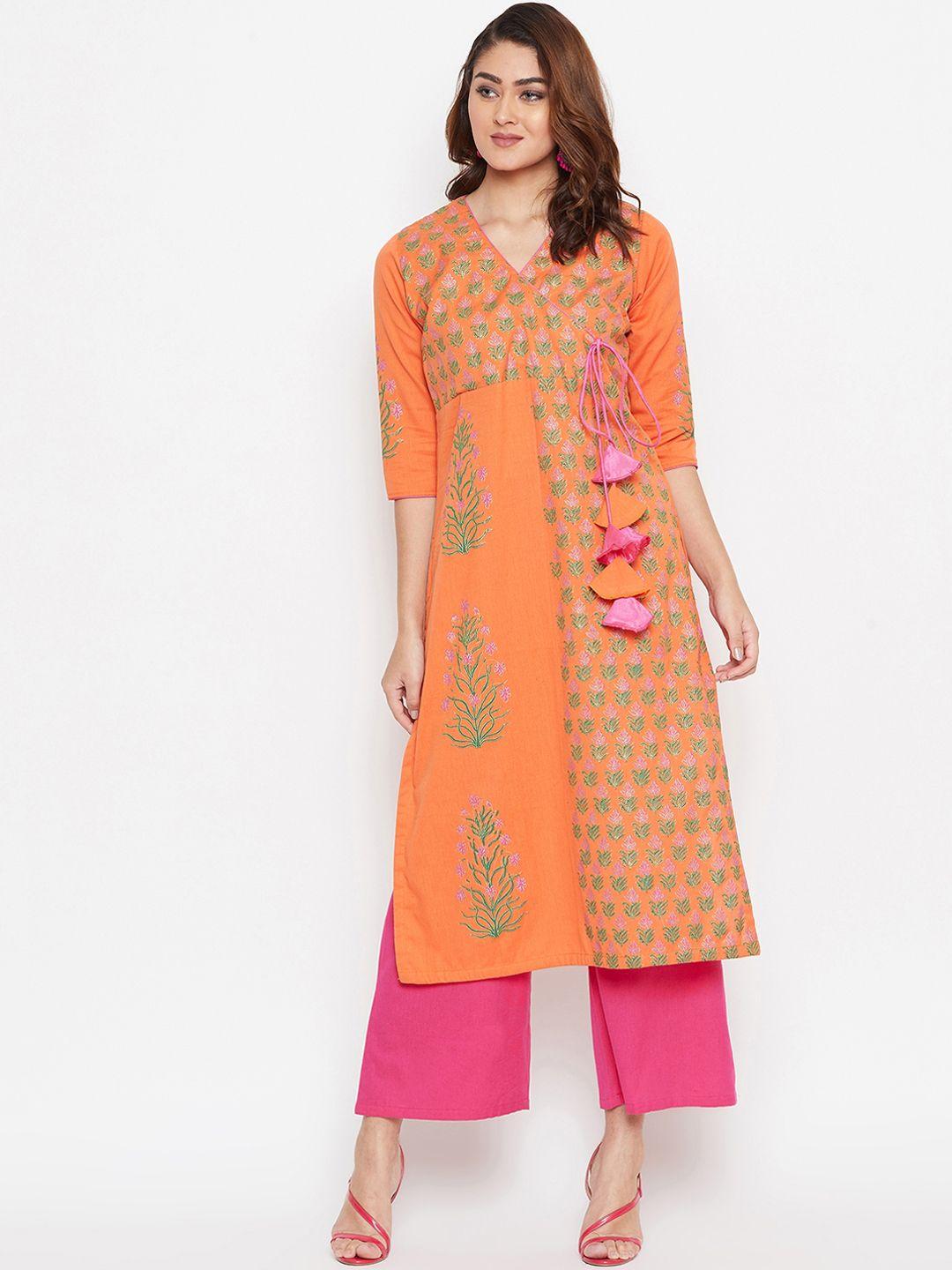 bitterlime women orange & pink printed kurta with palazzos