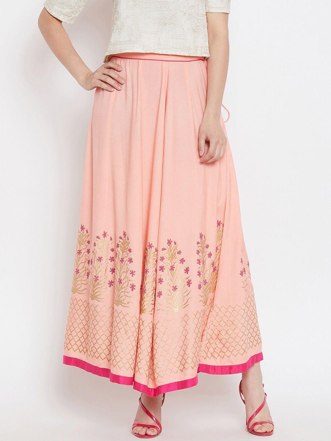 bitterlime women peach block printed maxi-length flared skirt