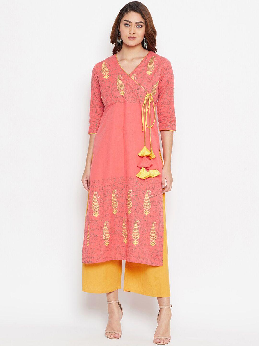 bitterlime women peach-coloured & begonia ethnic motifs embroidered thread work kurta