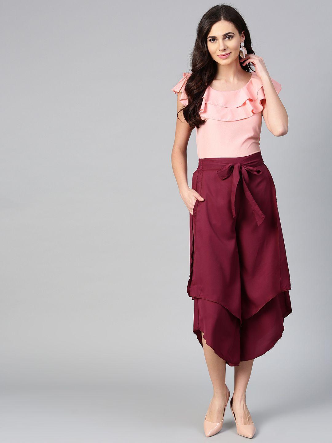 bitterlime women peach-coloured & burgundy solid top with culottes