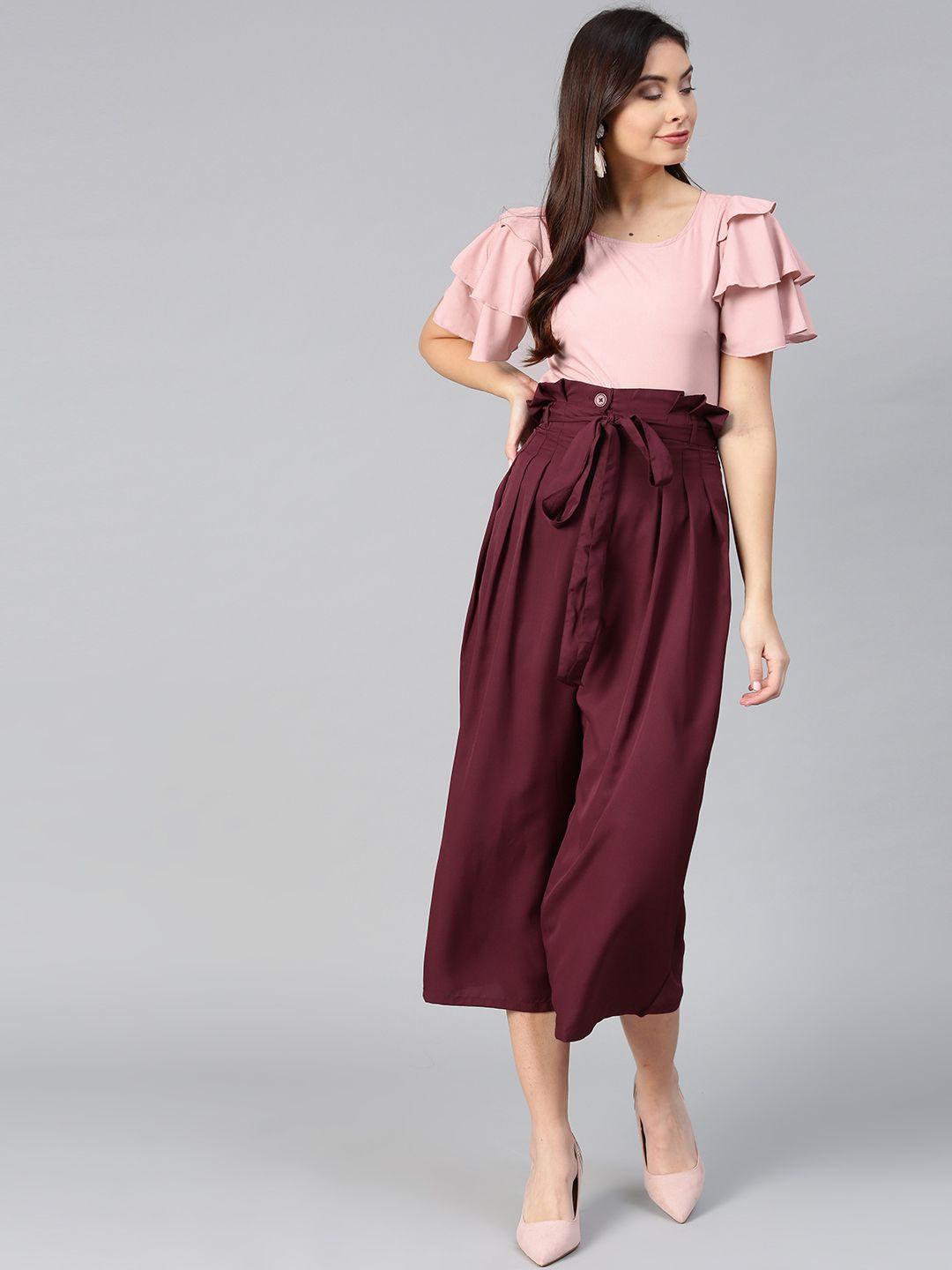 bitterlime women peach-coloured & burgundy solid top with trousers