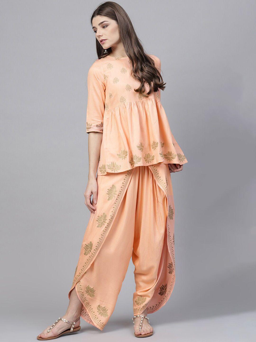 bitterlime women peach-coloured & gold-toned block print gathered top with dhoti pants