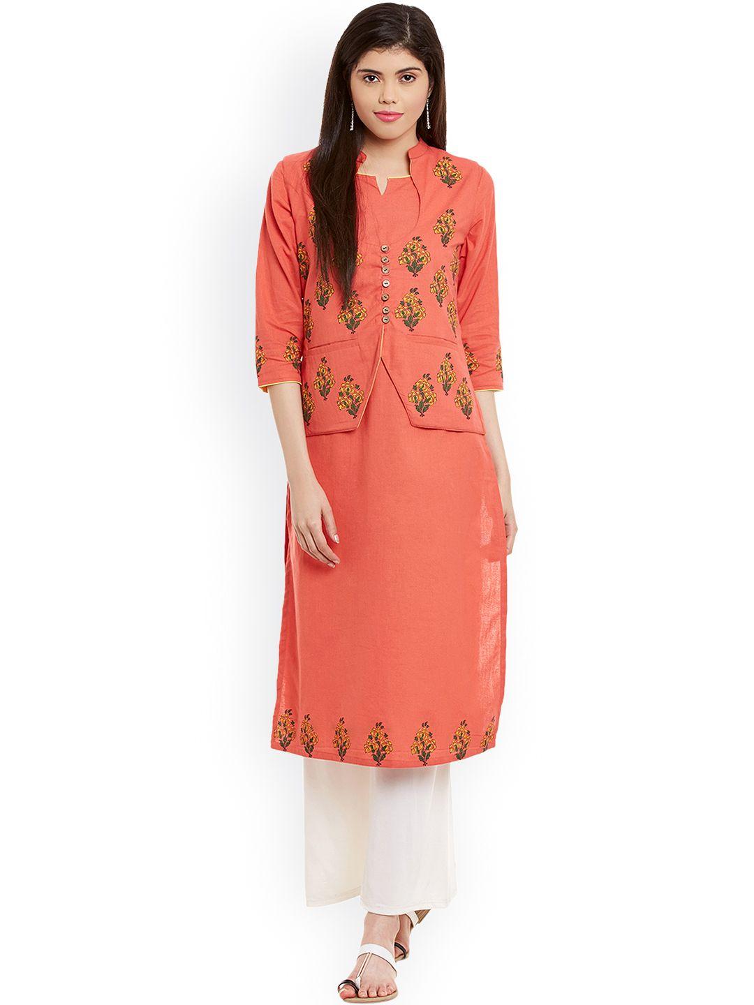 bitterlime women peach-coloured printed block print kurta with jacket