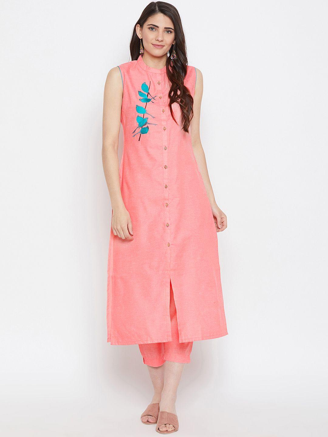 bitterlime women peach-coloured solid kurta with trousers