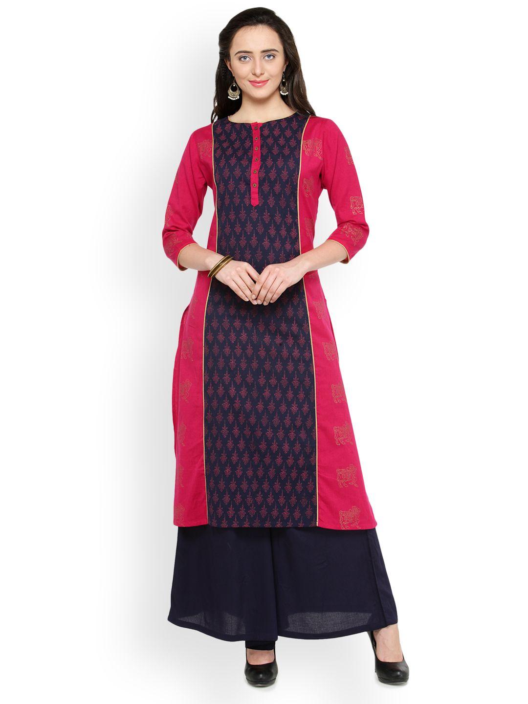 bitterlime women pink & navy blue block print straight kurta