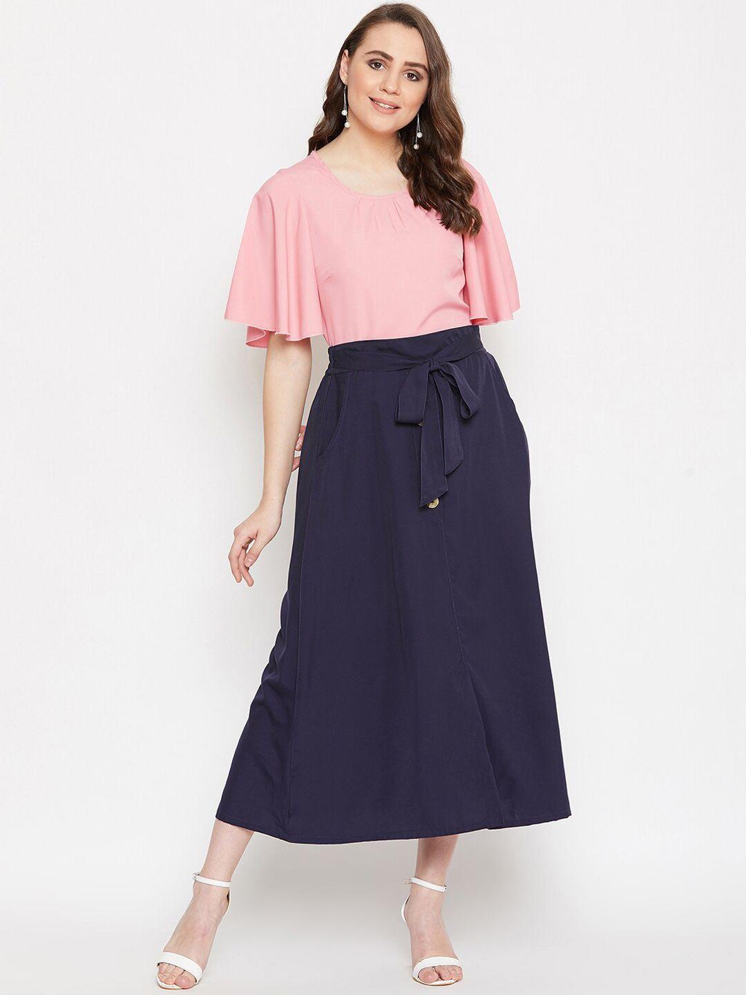 bitterlime women pink & navy blue solid top with skirt