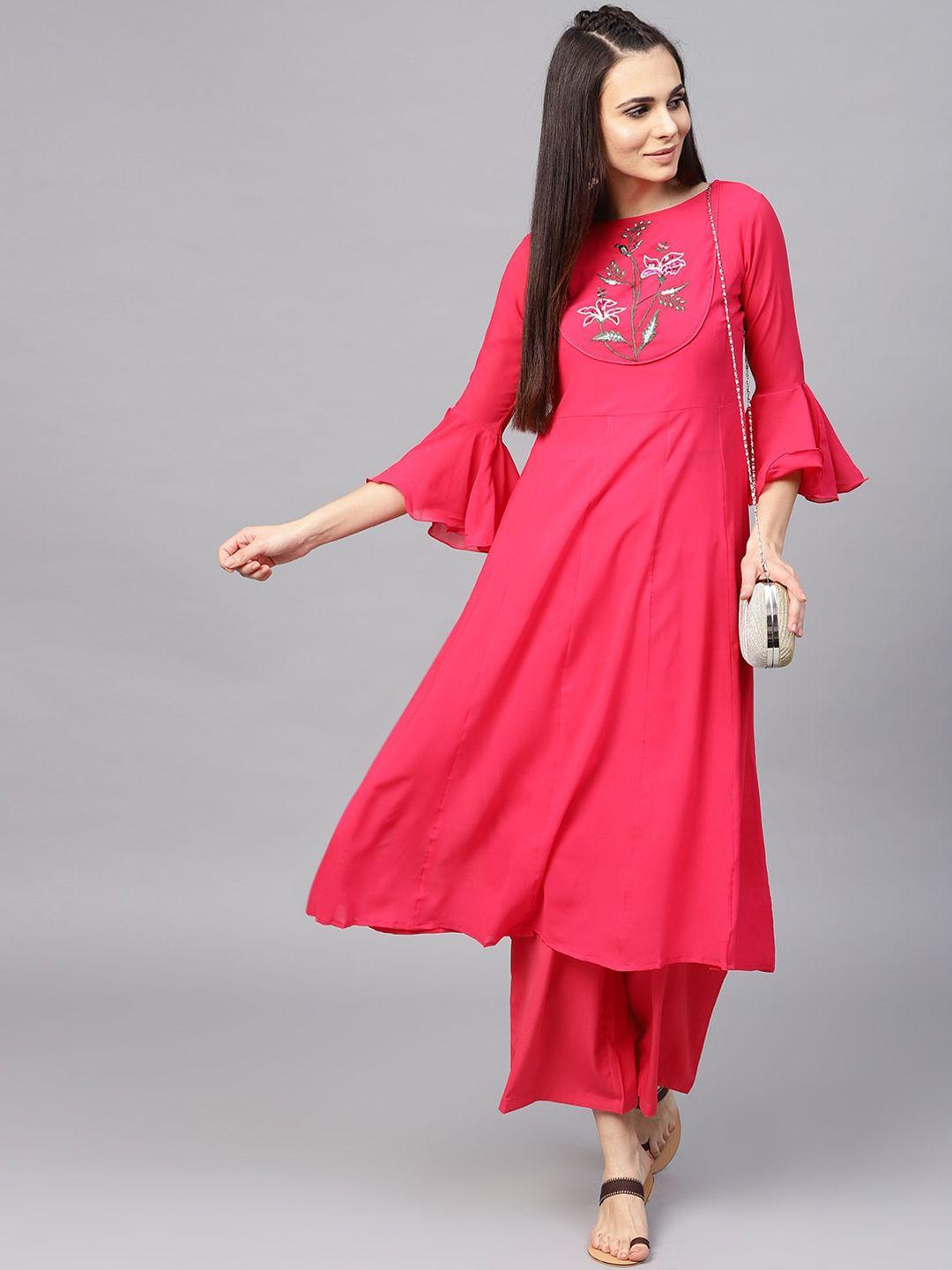 bitterlime women pink floral embroidered kurta with palazzos