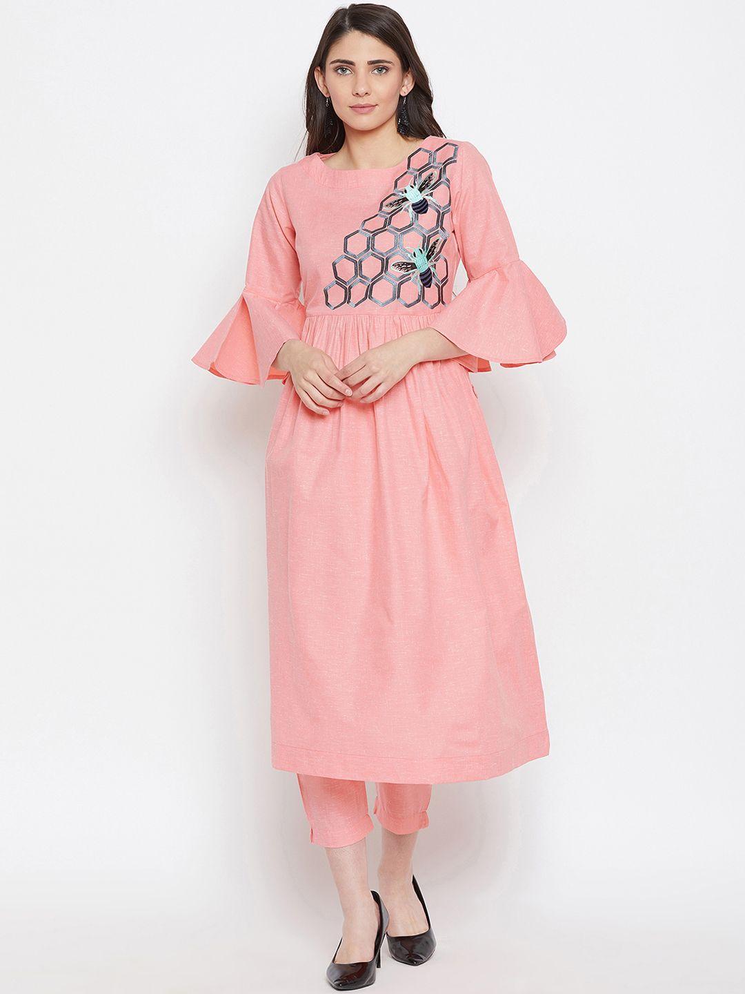 bitterlime women pink solid kurta with trousers