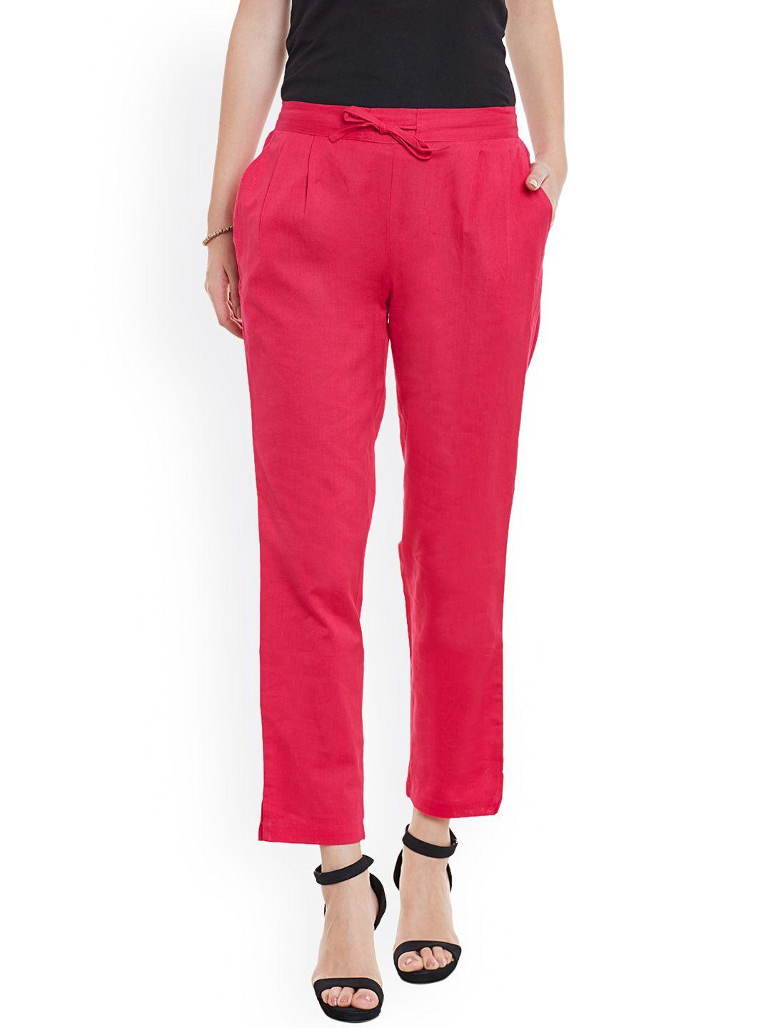 bitterlime women pink solid regular fit pleated trousers