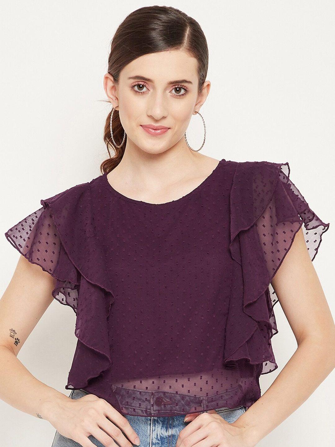 bitterlime women purple ruffles round neck georgette top