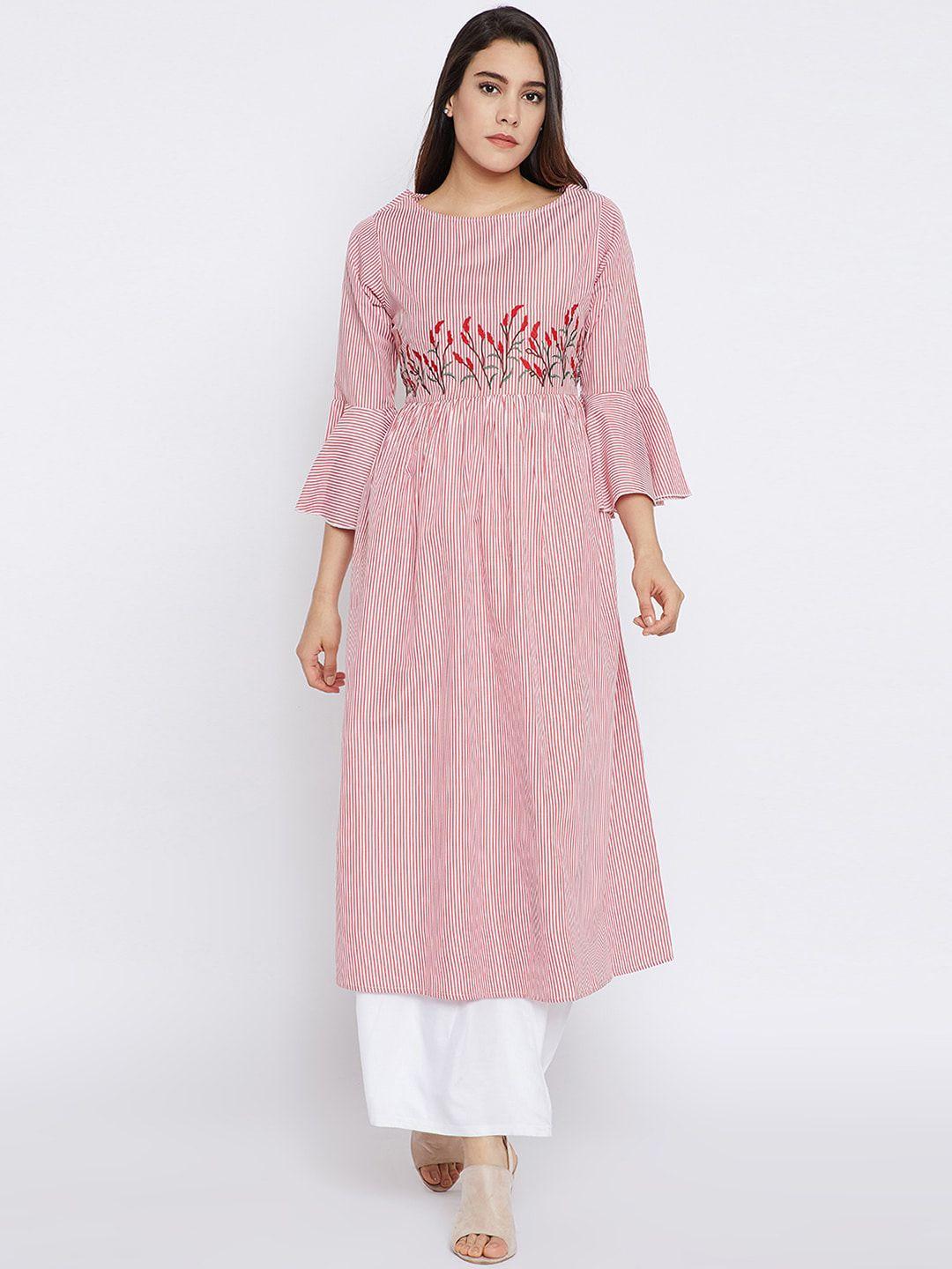 bitterlime women red & white striped cotton kurta