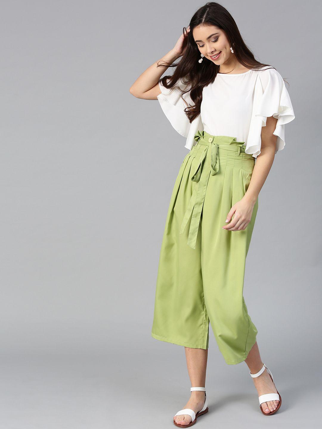 bitterlime women white & green solid ruffled top with culottes