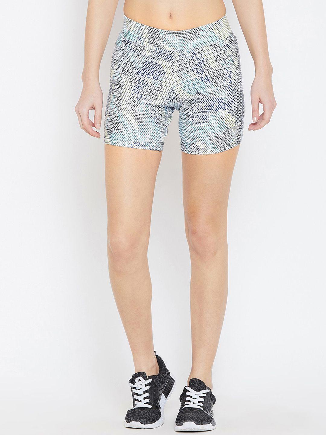 bitterlime women white floral printed slim fit training or gym denim shorts