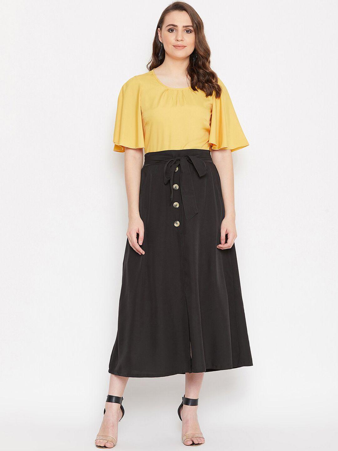 bitterlime women yellow & black solid top with skirt