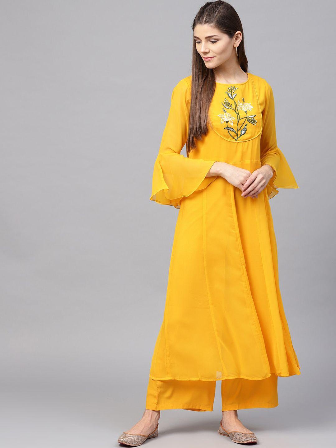 bitterlime women yellow floral embroidered panelled kurta with palazzos