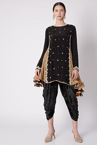 black & beige asymmetric tunic with dhoti