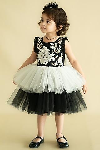 black & cream tulle net hand embroidered layered dress for girls
