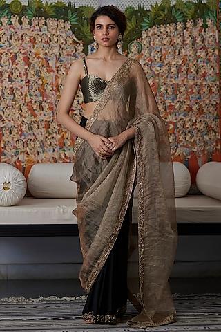 black & gold pure tissue hand embroidered saree set