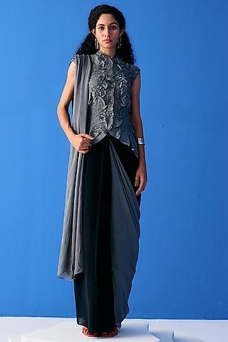 black & grey chiffon skirt saree set