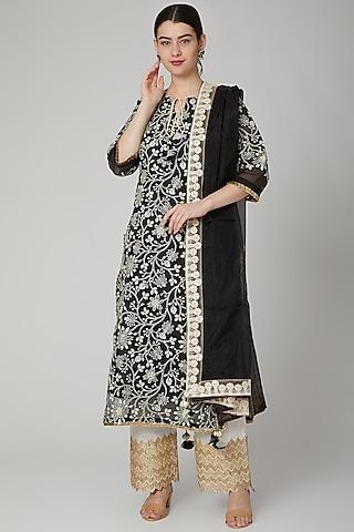black & ivory thread embroidered kurta set