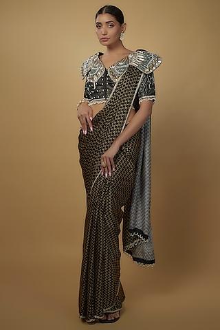 black & khaki satin embroidered saree set