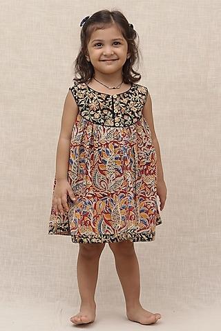 black & maroon cotton printed flared dress for girls