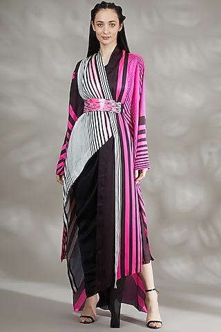 black-&-neon-pink-chiffon-draped-cape-set