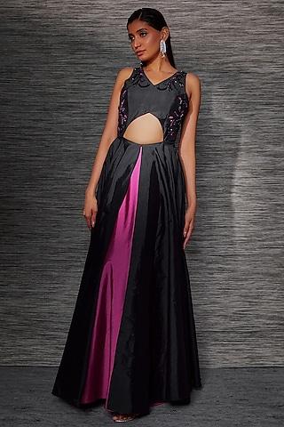 black & plum taffeta embroidered layered gown