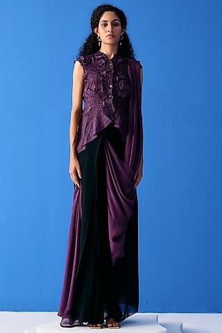 black & purple chiffon skirt saree set