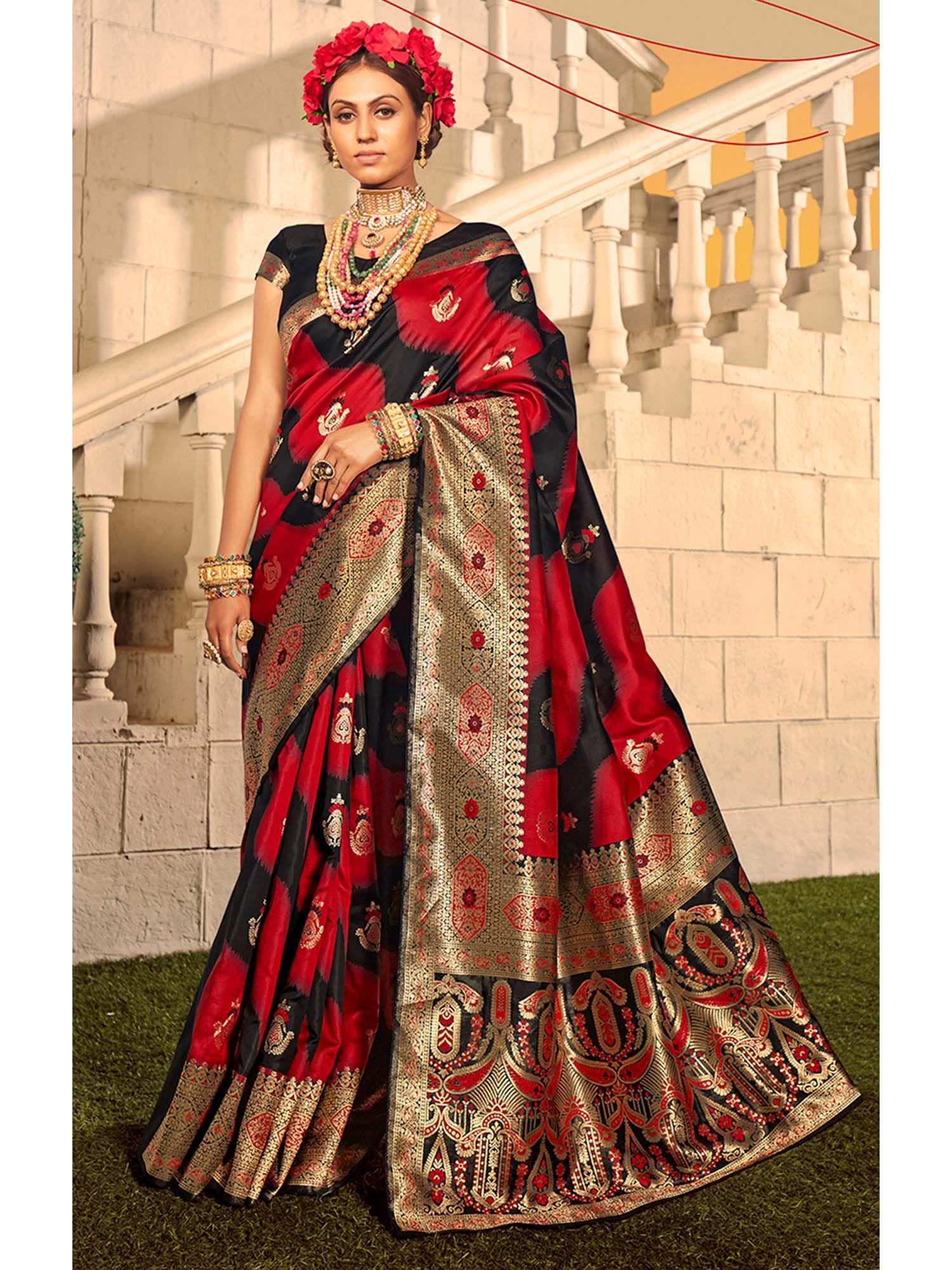 black & red banarasi silk woven print saree with unstiched blouse