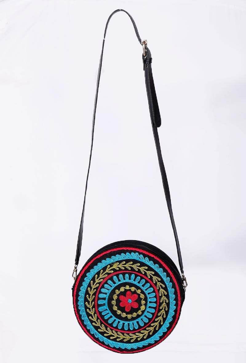 black aari embroidery round suede sling bag