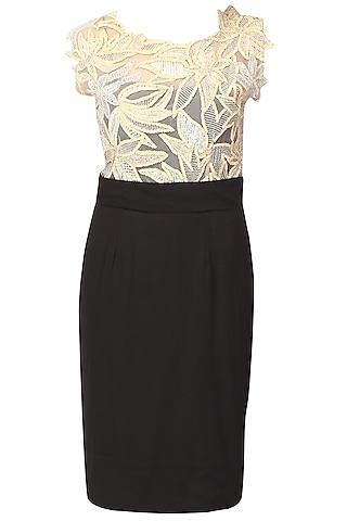 black and beige embroidered leaves applique work dress