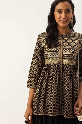 black and gold boho print tunic with 3/4th sleeves - black