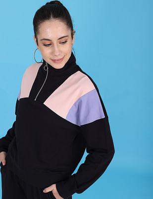 black and pink long sleeve high neck colour block sweatshirt