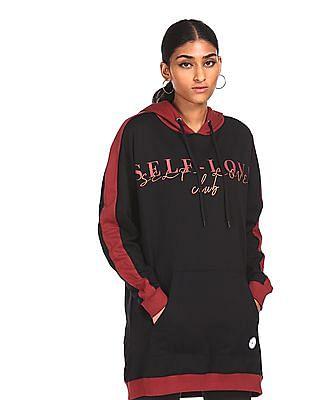 black and red graphic print hooded longline sweatshirt