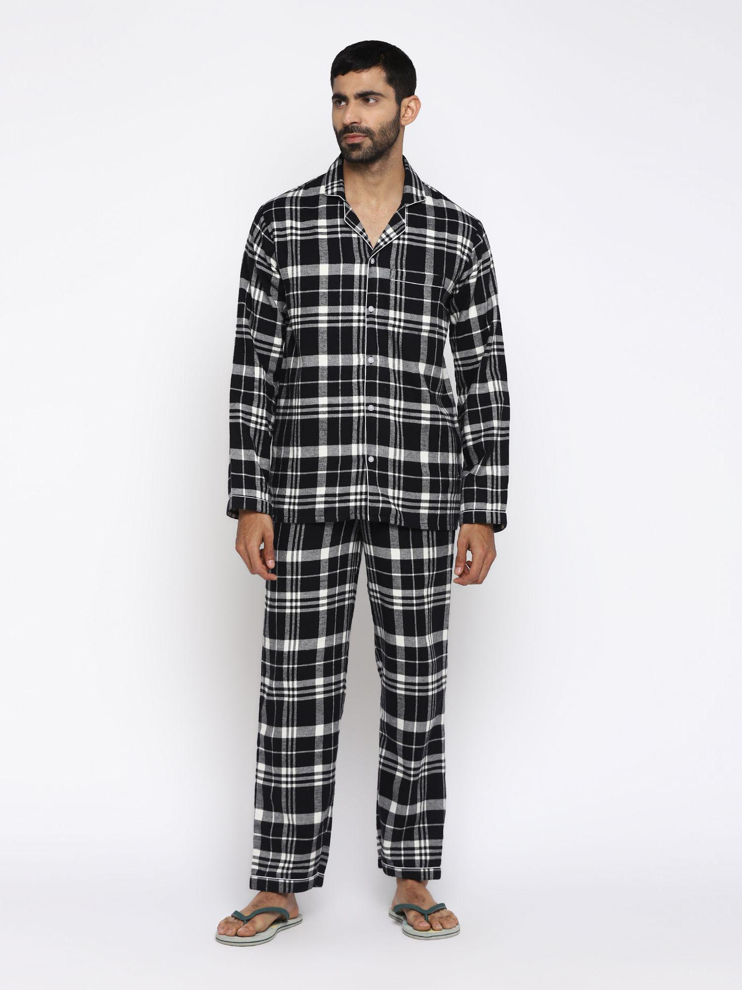 black and white checkered print cotton flannel long sleeve mens night suit