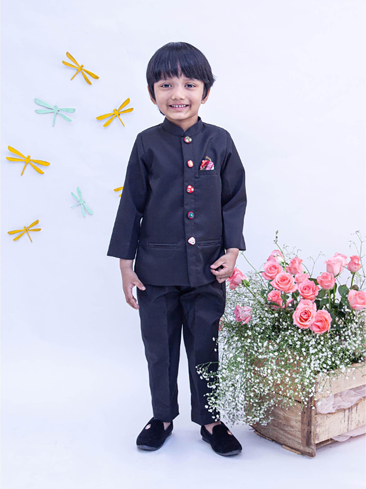 black bandgala with mirror embroidery buttons blazer and pant (set of 2)
