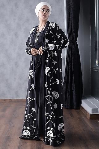 black chanderi silk embellished cape set
