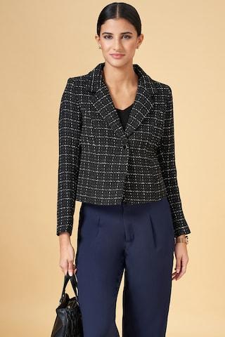 black check formal full sleeves notched collar women regular fit jacket